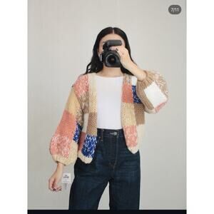 Women's Sz 12 Multicolor Block Checkered Open Knit Sweater Neutral Minimalist